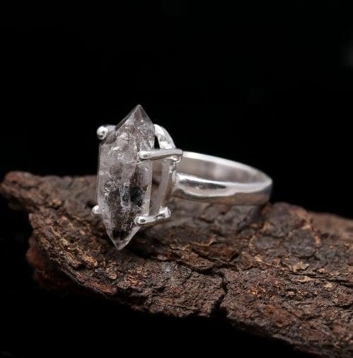 Raw Herkimer Diamond Ring Rough Stone 925 Sterling Silver - By Inishacreation