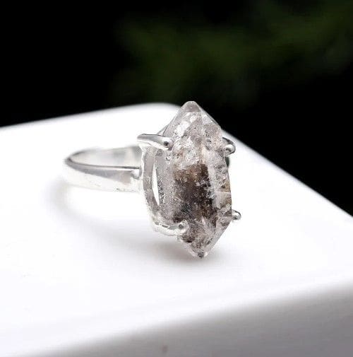 Raw Herkimer Diamond Ring Rough Stone 925 Sterling Silver - By Inishacreation