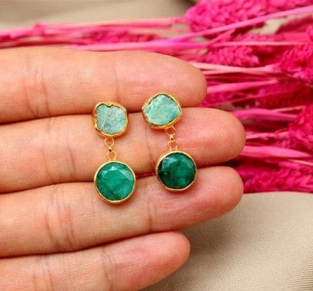 Raw Natural 925 Sterling Silver Emerald Earrings Gold Plated - By Inishacreation