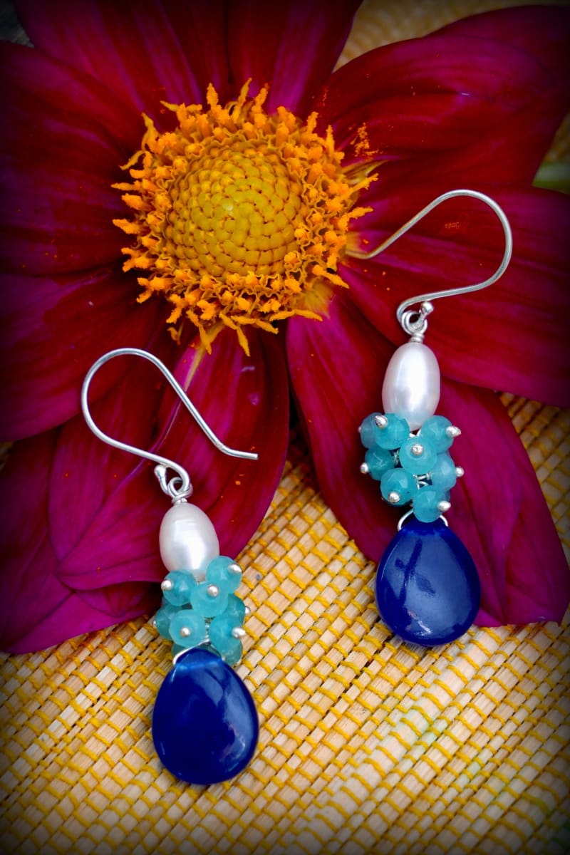 Silver Earrings Blue Quartz Pearls Gift For Christmas/ New Year Handmade Indian Jewelry Artistic Designs - By Bona Dea