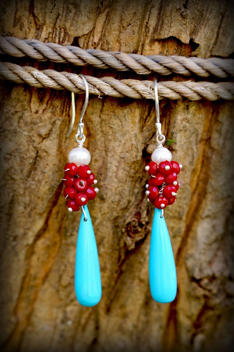 Silver Earrings Turquoise Red Quartz Festive Danglers Christmas Gift Handmade Jewelry Gifting Options Indian Unique Earrings, - By Bona Dea