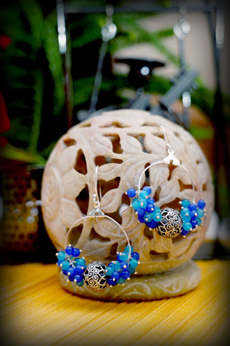 Silver Hoops Blue Quartz Cutwork Beaded Handmade Earrings Christmas Gift Indian Jewelry Moroccon Inspired Hoops, - By Bona Dea
