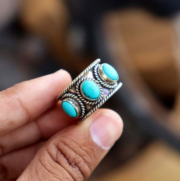 Turquoise Designer Three Gemstone 925 Sterling Silver Handmade Women’s Ring - By Aayesha Craft