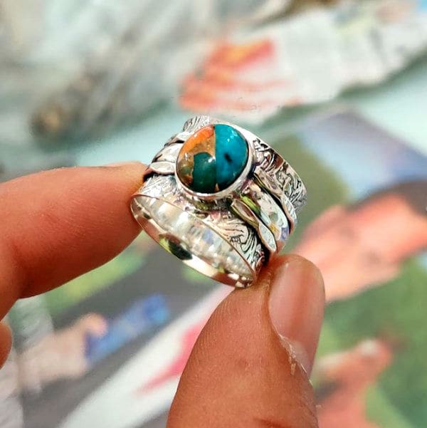 Turquoise Gemstone 925 Sterling Silver Beautiful Handmade Spinner Ring - By Advait Craft