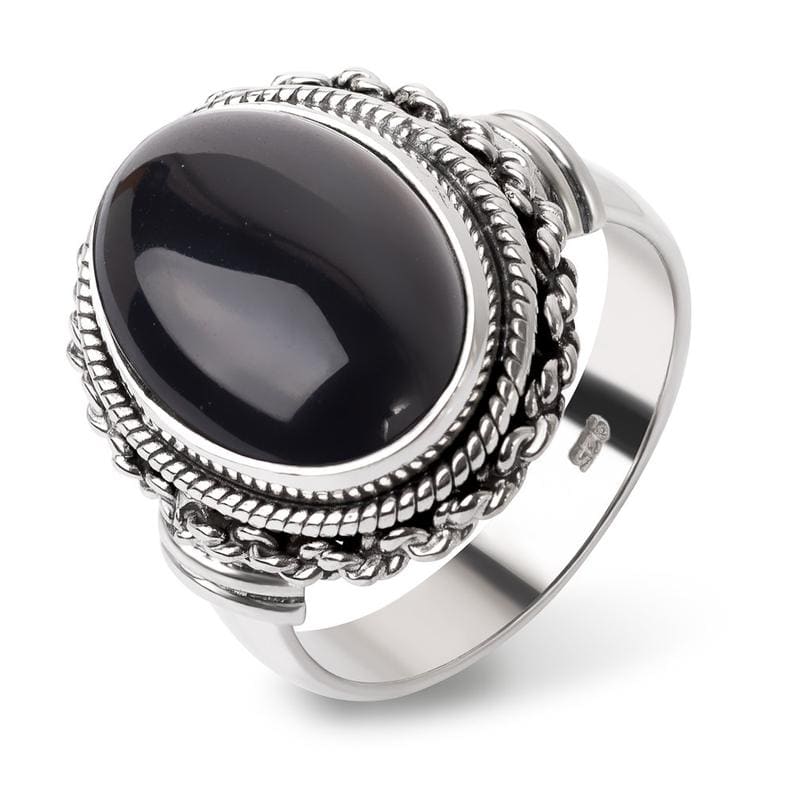 Vintage Black Onyx 925 Sterling Silver Rope Oval Shaped Gemstone Dome Ring - By Advait Craft