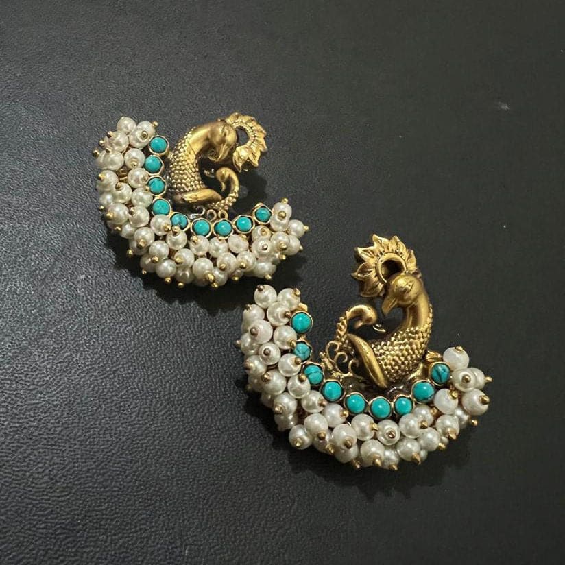 18k Gold Plated Beautiful Peacock Desigen Earring with Turquoise and Pearl Stone \ 925 Sterling Silver Earring\ Traditional Handmade 