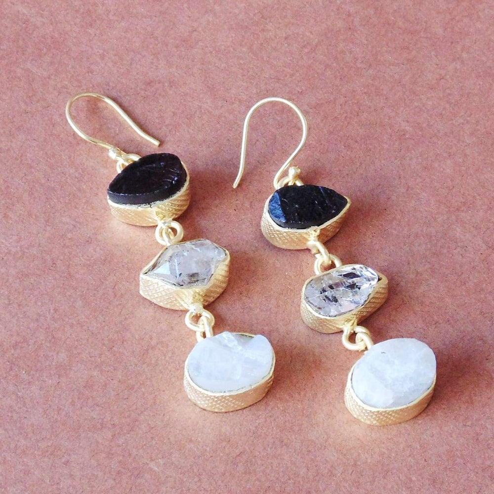18K Matte Gold Plated Raw Garnet Rainbow Moonstone And Herkimer Diamond Birthstone Everyday Wear Dangling Earrings - by Bhagat Jewels