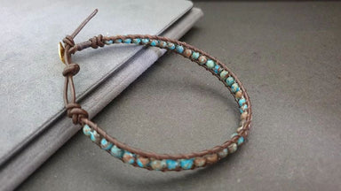 4 mm Blue Sky Jasper Brown Leather Wrap Bracelet Anklet Beaded Women Unisex Bracelet,Men - by Bymemade