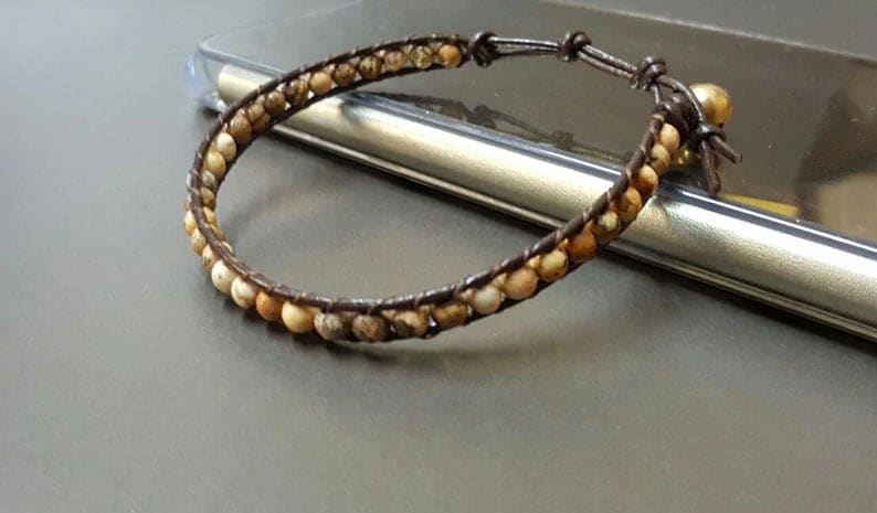 4 mm Eggs Jasper Brown Leather Wrap Bracelet Anklet Beaded Women Unisex Bracelet,Men - by Bymemade