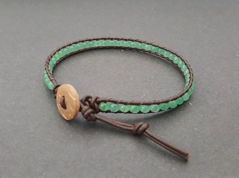 4 Mm Green Jade Leather Wrap Bracelet Anklet Beaded Women Unisex Bracelet,men - By Bymemade