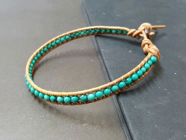 4 mm Natural Turquois Leather Wrap Bracelet Anklet Beaded Women Unisex Bracelet,Men - by Bymemade