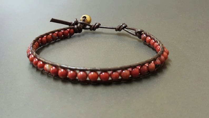 4 Mm Red Jasper Leather Wrap Bracelet Anklet Beaded Women Unisex Bracelet,men - By Bymemade