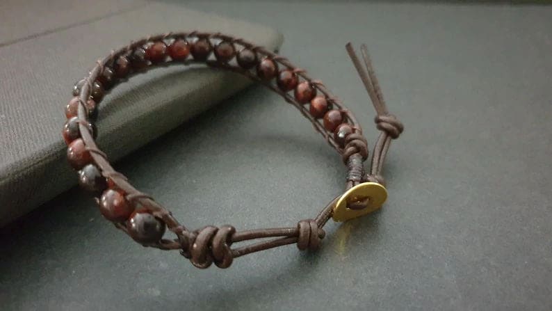4 mm Red Tiger Eye Leather Wrap Bracelet Anklet Beaded Women Unisex Bracelet,Men - by Bymemade
