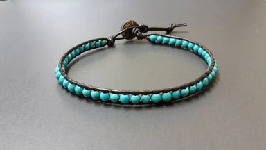 4 Mm Turquoise Leather Wrap Bracelet Anklet Beaded Women Unisex Bracelet,men - By Bymemade