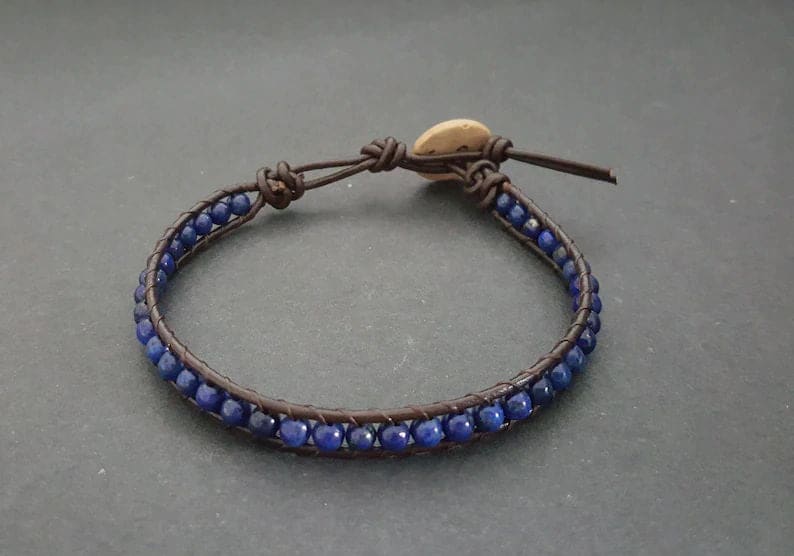 4mm Lapis Lazuli Brown Leather Wrap Bracelet Anklet Beaded Women Unisex Bracelet,Men - by Bymemade