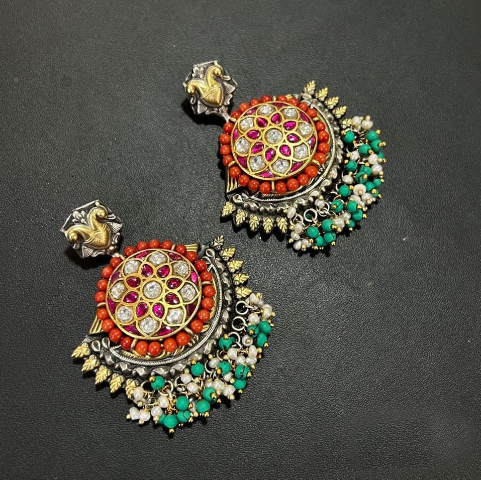 925 Antique Silver Earring with 18k Gold Plated Natural Multi Color Stone\ Traditional Jewellery for Man and Woman - by Vidita Jewels