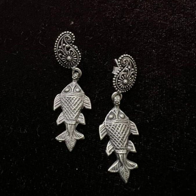 925 Antique Silver Earring with Fish Desigen Beutifully Handmade - by Vidita Jewels