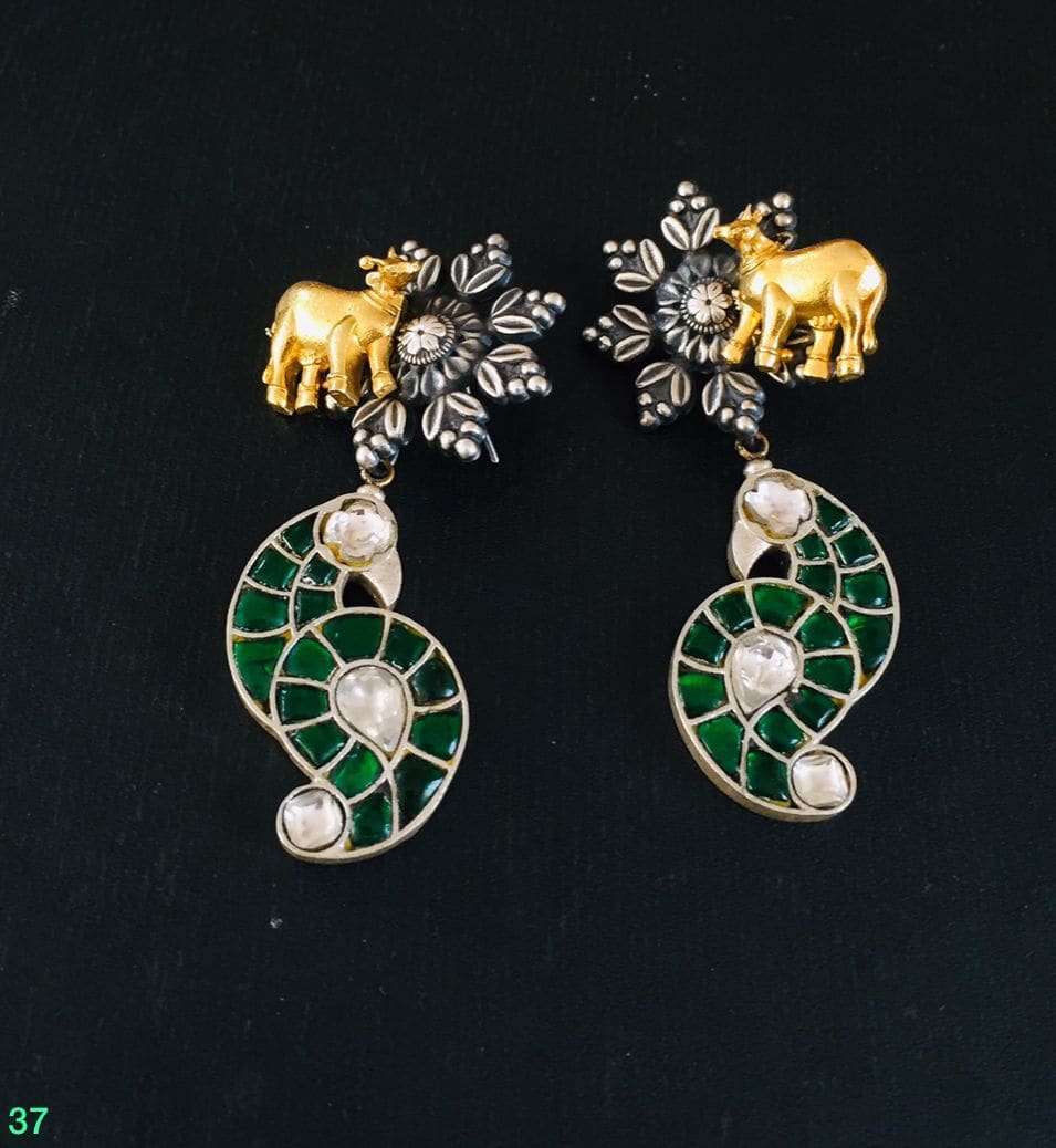 925 Solid Silver Stud Earrings Animal Design Earring Green Stone With Polki Diamond Gold Plated Antique Earring Jewelry - By Vidita Jewels