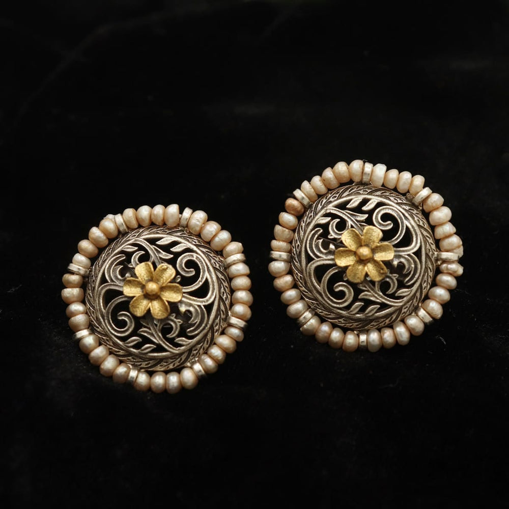 925 Sterling Silver Earring,pearl Antique Old Style Handmade Gold Plated Stud Jewelry - By Vidita Jewels