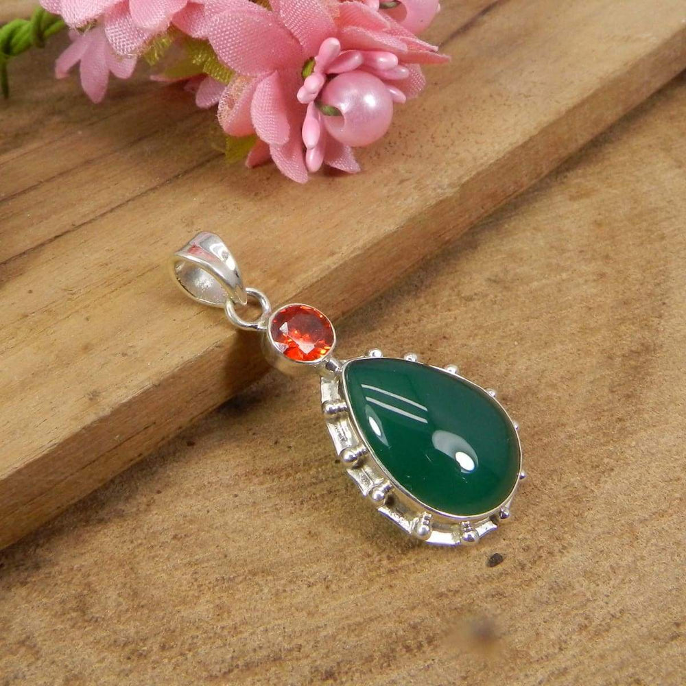 Necklaces 925 Sterling Silver Green Onyx and Red Hydro Bezel Set Pendant - Pear Shape - Stone - Handmade Gemstone Jewelry