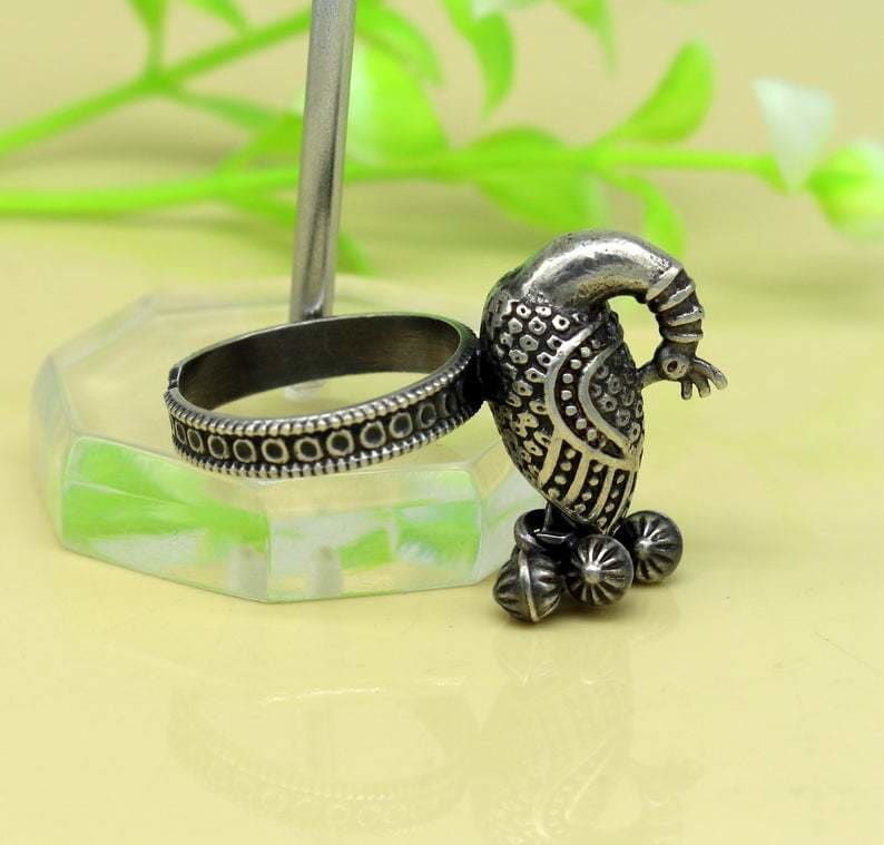 925 sterling silver handmade fabulous peacock design ring with amazing noisy jingle bells excellent customized jewelry for belly dance - by 