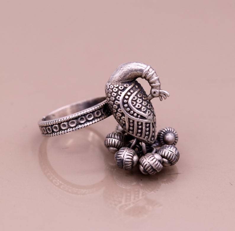 925 sterling silver handmade fabulous peacock design ring with amazing noisy jingle bells excellent customized jewelry for belly dance - by 