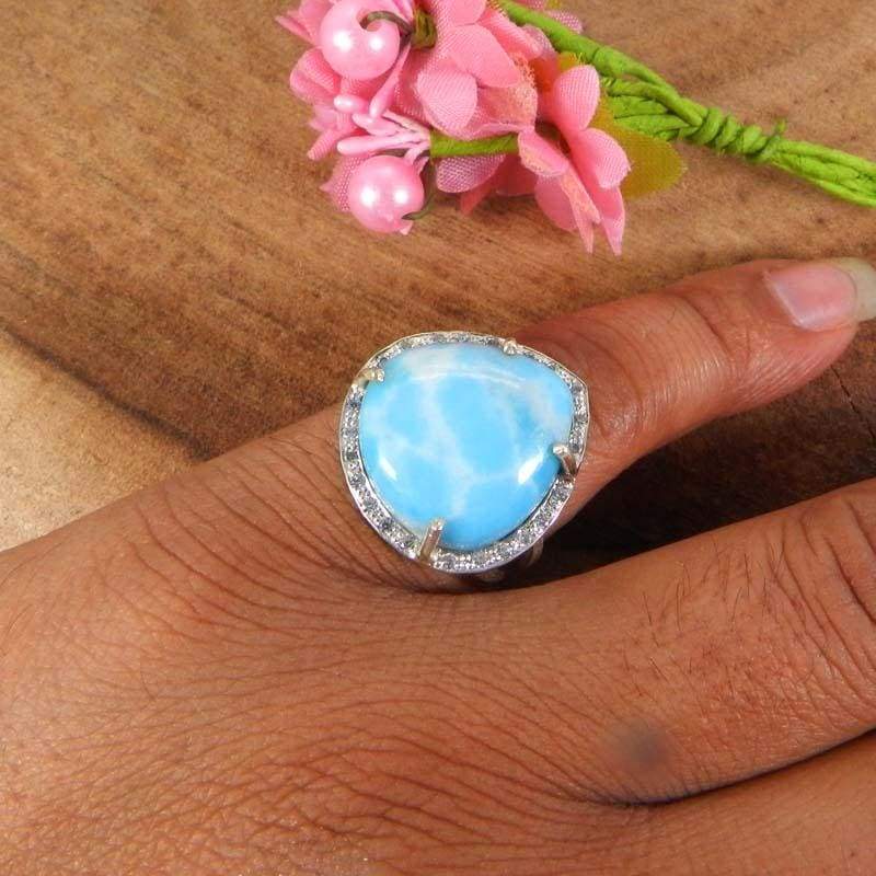 Rings 925 Sterling Silver Lab Created Larimar and CZ Prong Set Ring Jewelry