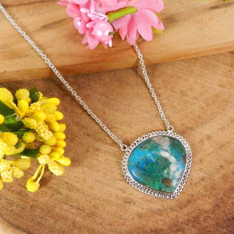 Necklaces 925 Sterling Silver Natural Chrysocolla Long Chain Designer Necklace - Green Stone - Handmade - Heart Shape- Bezel Jewelry