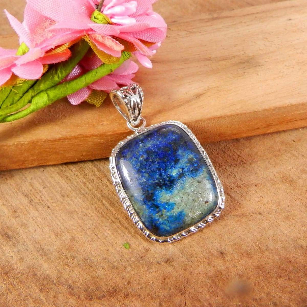 Necklaces 925 Sterling Silver Pendant Natural Azurite Jewelry Rectangle Cushion Bezel Set Handmade