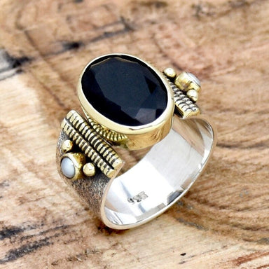925 Sterling Silver Ring Black Onyx and Pearl Two Tone Wide Textured Handmade Jewelry - by Inishacreation