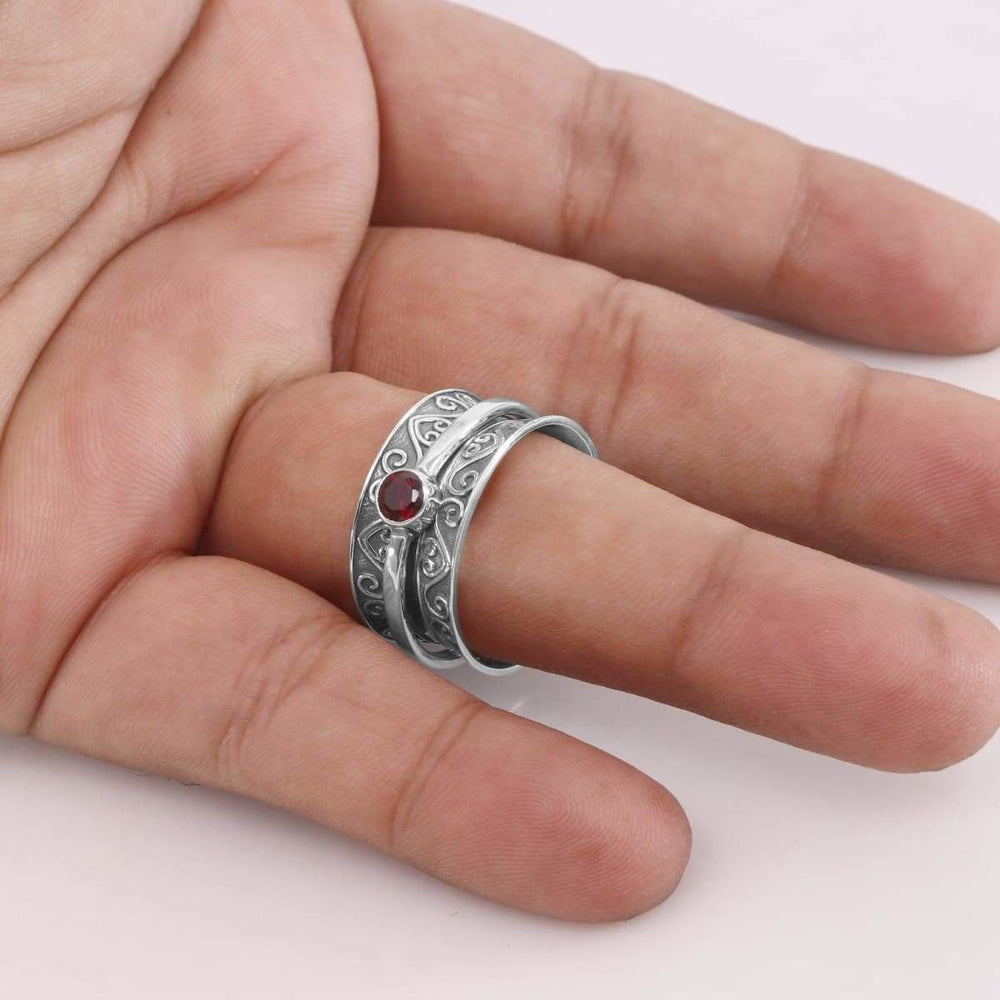 rings 925 Sterling Silver Ring Garnet Spinner Meditation Textured Handmade For Men’s - by Rajtarang