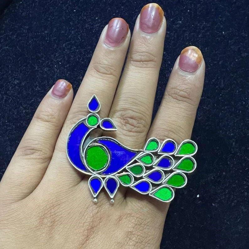 925 Sterling Silver Ring with Green and Blue Stone Solid Traditional Jewellery for Man Woman - by Vidita Jewels