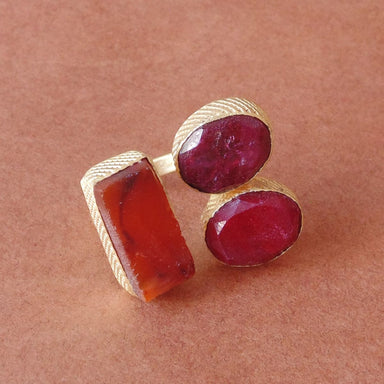 Absolutely Matte Gold Vermeil Carnelian And Red Corundum Gemstone Cocktail Ring - by Bhagat Jewels