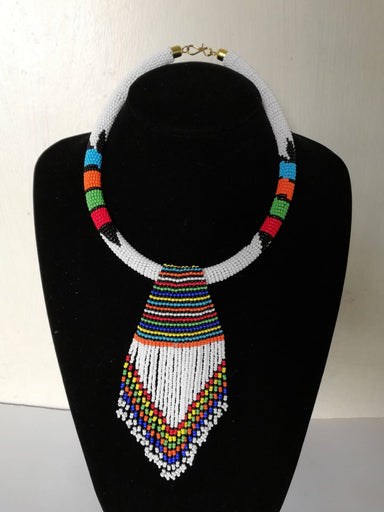 African Beaded Fringe Necklace White Tribal Zulu Maasai Jewelry - By Naruki Crafts