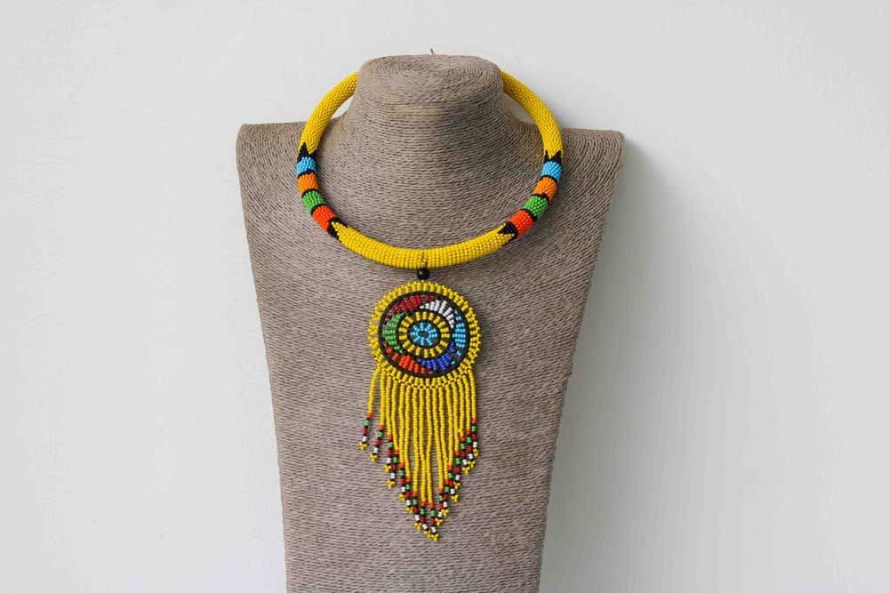 African Beaded Pendant Necklace Statement Beaded Necklace For Women Moms Gift Christmas Gift Her Zulu - By Naruki Crafts