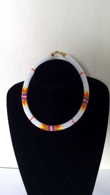 African Beaded White Rope Necklace Tribal Zulu Maasai Jewelry - By Naruki Crafts