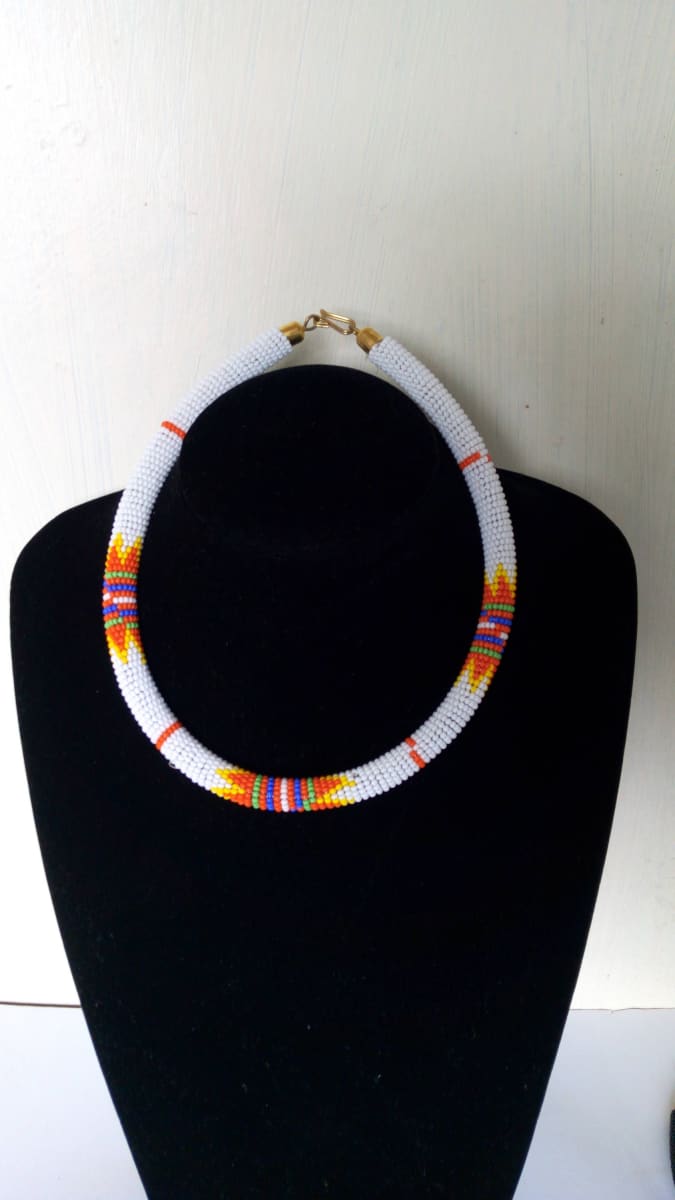 African Beaded White Rope Necklace Tribal Zulu Maasai Jewelry - By Naruki Crafts