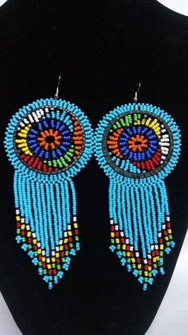 African Beaded Zulu Earrings Blue Beaded Fringe Long Tassel Maasai Jewelry - By Naruki Crafts