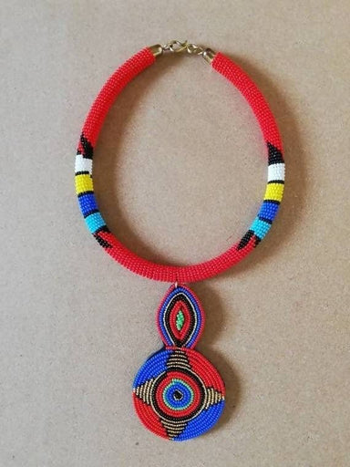 African Red & Blue Beaded Pendant Necklace Tribal Zulu Maasai Jewelry - By Naruki Crafts