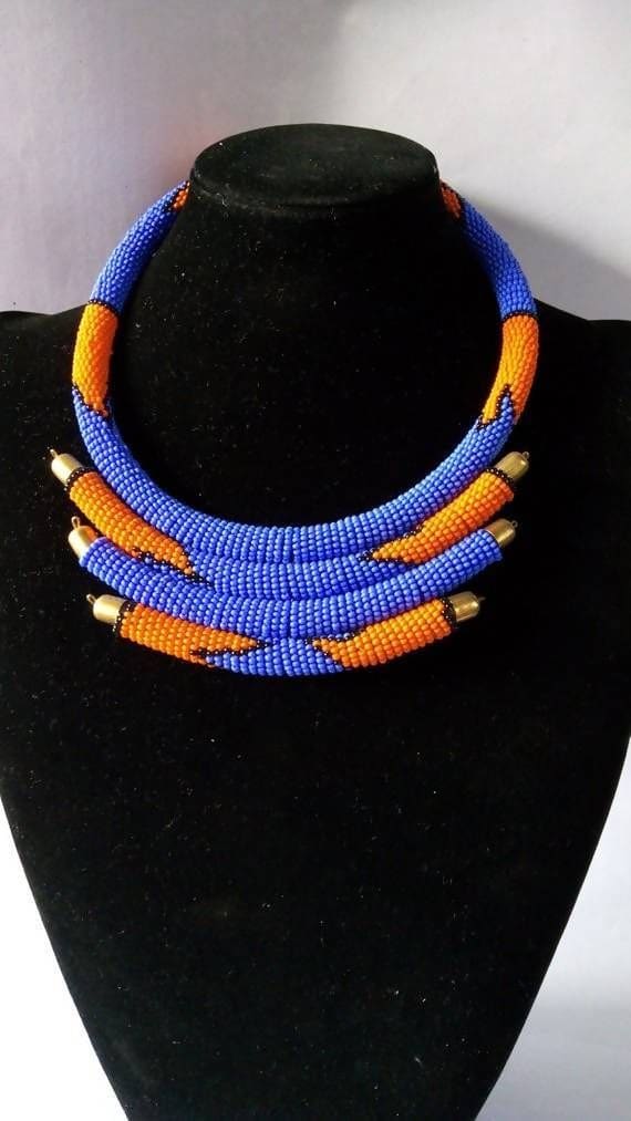 African Blue And Orange Beaded Layered Necklace Statement Maasai Jewelry - By Naruki Crafts