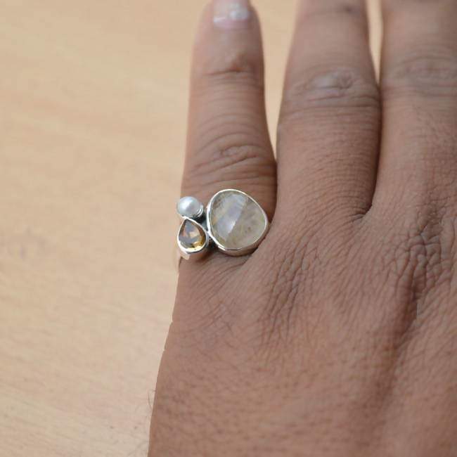 Rings African Golden Yellow Rutile Quartz Ring Citrine South Sea Pearl Solid 925 Sterling Silver November Birthstone Gift Jewelry