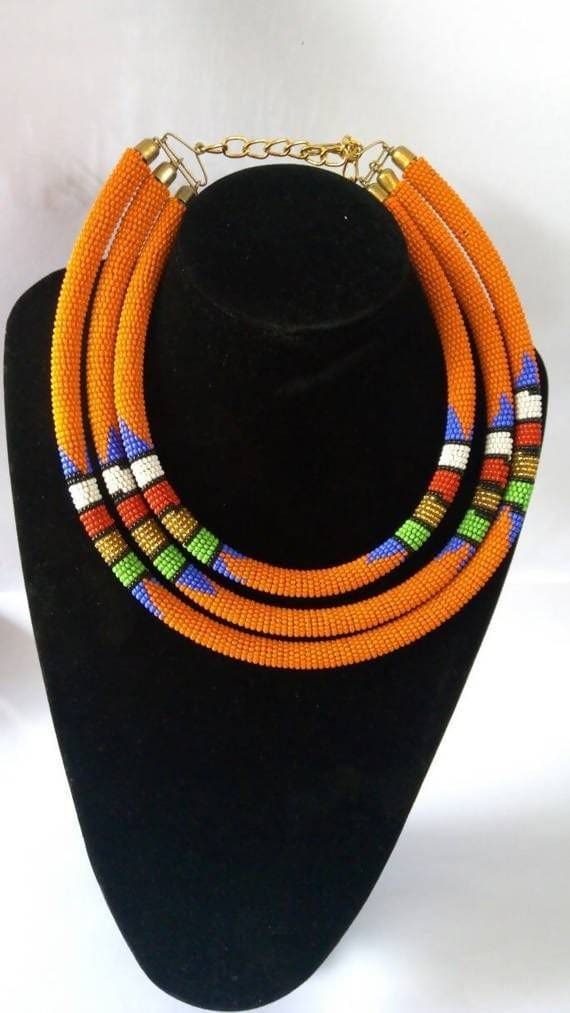 African Orange Beaded Layered Necklace Tribal Zulu Beaded Maasai Jewelry - By Naruki Crafts