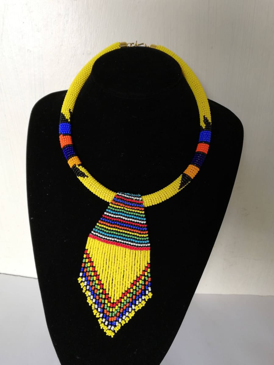 African Yellow Fringe Pendant Necklace Tribal Zulu Beaded Maasai Jewelry - By Naruki Crafts