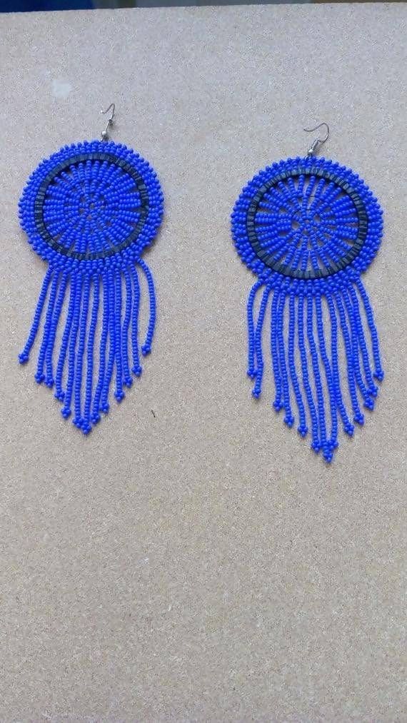 African Zulu Beaded Earrings Blue Fringe Maasai Jewelry - By Naruki Crafts
