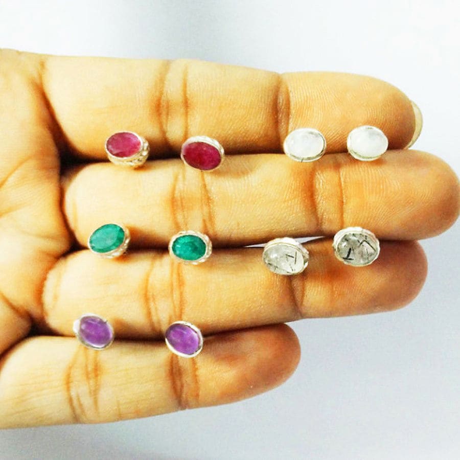 Earrings Amazing 5 PAIRS NATURAL Gemstone Birthstone 925 Sterling Silver Fashion Handmade Jewelry Weekdays Stud Gift - by Zone