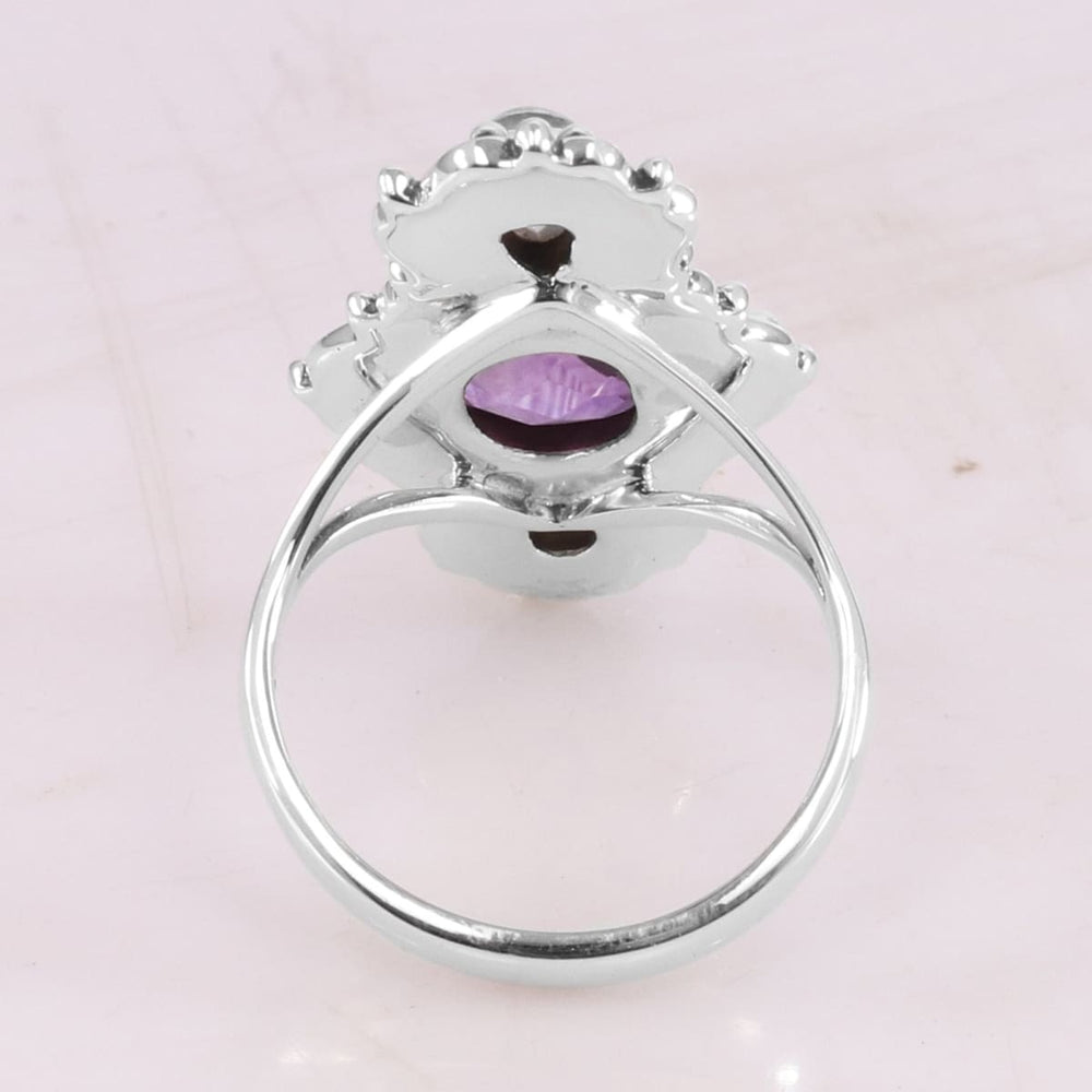 925 Sterling Silver Amethyst Ring Handmade Rainbow Moonstone Faceted Gemstone Ring, - by Rajtarang