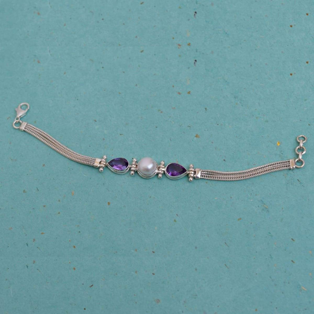 Amethyst & Pearl Bracelet Handmade 925 Sterling Silver Gemstone Chain - by Arte De Joyas