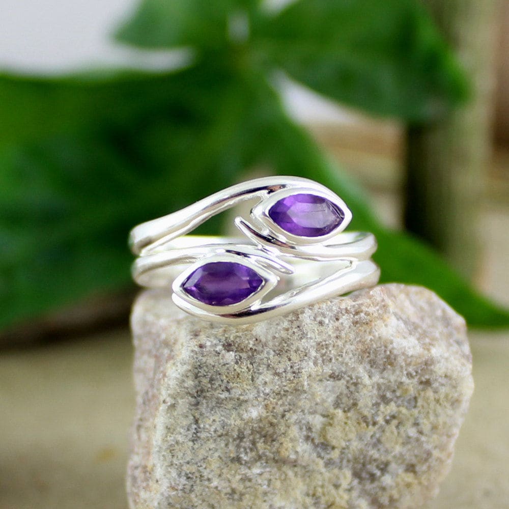 Amethyst Ring Two Stone Designer 925 Silver Gift For Her - By Maya Studio