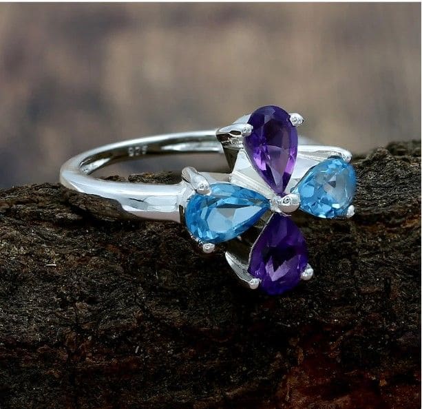 Amethyst & Swiss Blue Topaz 925 Sterling Silver Ring Multi Stone Handmade Jewelry Gift For Her - By Girivar Creations