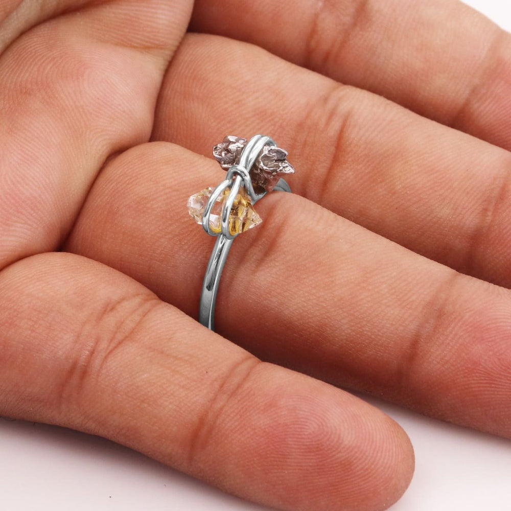 Antique Ring Meteorite Herkimer Diamond Raugh Gemstone Raw Gift for her - by Rajtarang